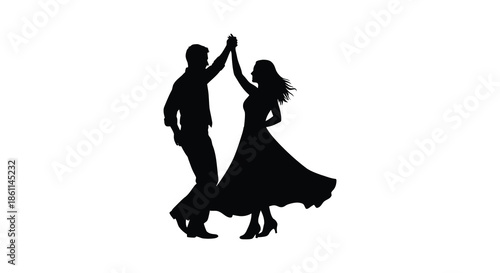 A romantic couple joyfully dancing together captured in a striking black silhouette