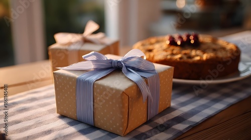 A warm golden hour scene featuring beautifully wrapped gifts and a delicious cake evoking a sense of celeb n and thoughtful giving