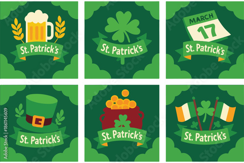 Set of green and gold St Patrick's Day labels and banners featuring vintage vector illustrations with clover icons, sale stickers, and holiday ribbons for business card design
