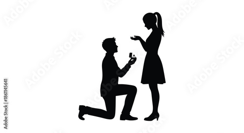 A romantic proposal scene unfolds as a man kneels before his beloved a striking silhouette