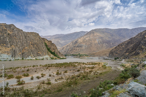 Beautiful mountain landscape view of Panj river valley in summer, Darvaz, Gorno-Badakhshan, Tajikistan Pamir