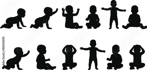 Baby activity silhouette set showing infant crawling sitting standing playing milestones isolated black vector illustration for child development