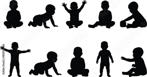 Baby activity silhouettes set showing infant sitting crawling standing playing milestones isolated black vector illustration collection for child development