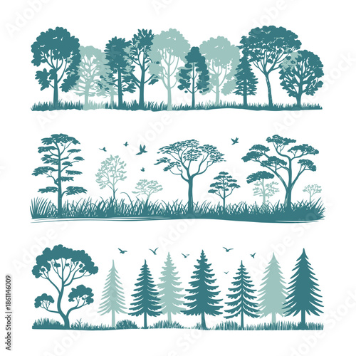 Architectural Drawings Vector, side view minimal tree line drawings representing wetland and forest sections, separate vector elements for landscape architecture, design layouts, and planning