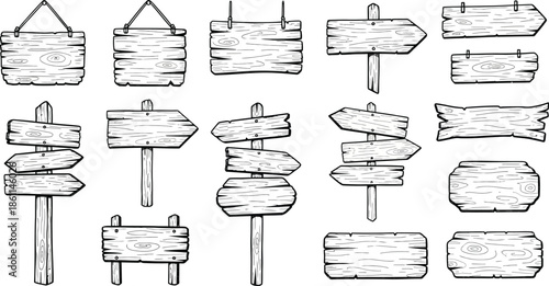 Wooden signboard, doodle wood road sign, sign posts or boards design template, wooden signboards collection, wood frame, Nail bar label, farm name billboard, antique banner isolated vector set