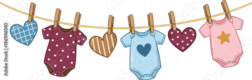 Baby clothes hanging on clothesline with hearts cute newborn outfit flat vector illustration isolated white background design