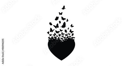 A dark heart shape bursts with a flock of flying birds in a striking silhouette