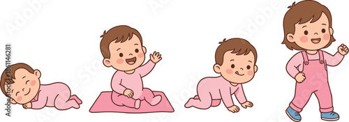 Baby growth stages cartoon illustration showing infant sleeping sitting crawling walking milestone progression cute vector character set