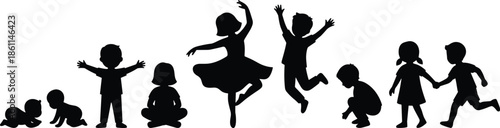 Child growth silhouette sequence from baby crawling to jumping playing children isolated black vector illustration showing development stages