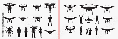 drone silhouette vector, flying drone black silhouettes, aerial technology illustration set, quadcopter outline art, drone vector collection, tech icon set, drone clipart silhouettes, innovation graph