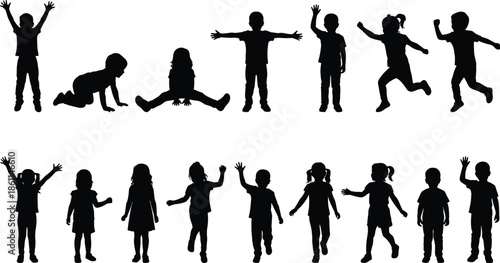 Children playing silhouette collection showing kids jumping running sitting crawling poses isolated black vector illustration set
