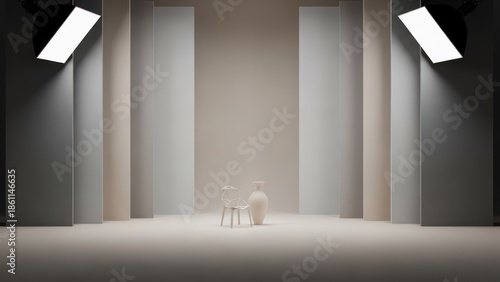 Interior scene lit with studio lights, featuring a vase and chair