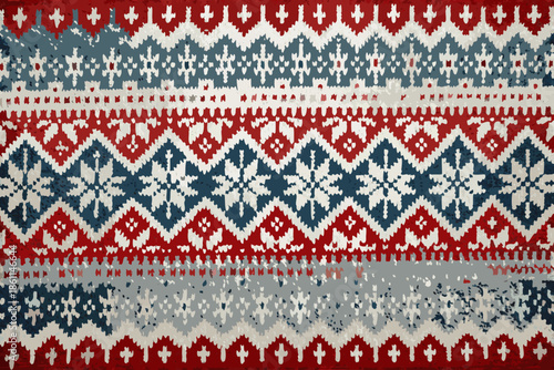 A colorful geometric pattern resembling a traditional knitted textile design