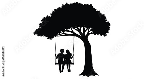 a couple enjoying a peaceful moment on a swing under a large tree silhouette