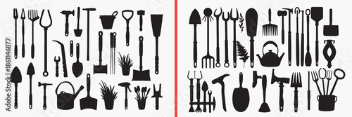 shovel silhouette vector, farming tools black silhouettes, agriculture equipment illustration set, garden tool outline art, farm vector collection, tool icon set, shovel clipart silhouettes, rural gra