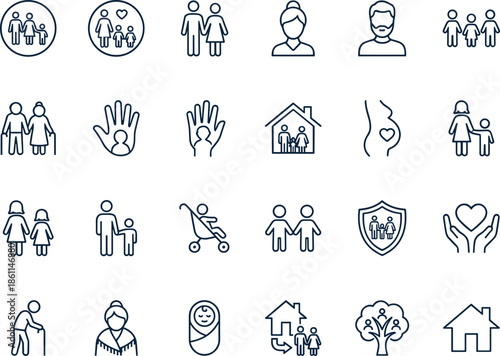 Family care and relationship line icon set showing parents children seniors home protection love flat vector illustration