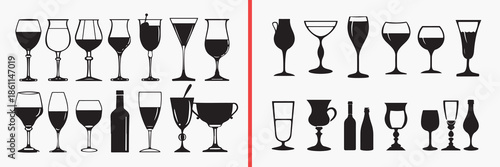 wine glass silhouette vector, drink glass black silhouettes, alcohol beverage illustration set, bar glass outline art, restaurant vector collection, wine icon set, glassware clipart silhouettes, bar g