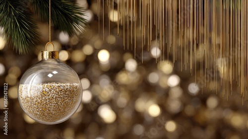 Elegant glass ornament hanging with golden glitter against a soft bokeh background during the holiday season