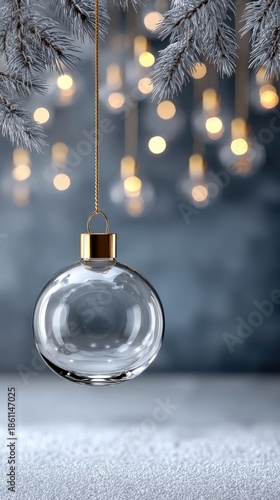Elegant glass ornament hanging with golden glitter against a soft bokeh background during the holiday season