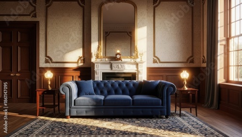 Luxurious interior of a classic living room. Detailed woodwork, blue sofa, mirror, lamps