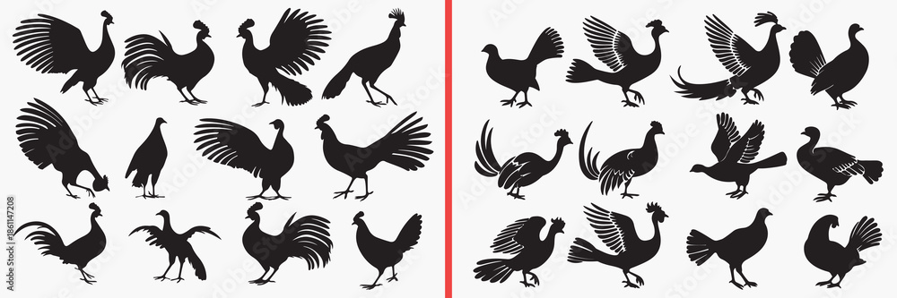 Fototapeta premium bird silhouette vector, poultry bird black silhouettes, chicken rooster illustration set, farm bird outline art, animal vector collection, bird icon set, poultry clipart silhouettes, agriculture graph