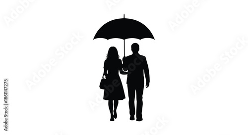 A couple walking closely together under an umbrella beautifully captured as a striking silhouette