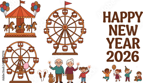 Happy New Year 2026 carnival fair vector illustration with carousel ferris wheel family kids fireworks festive celebration scene