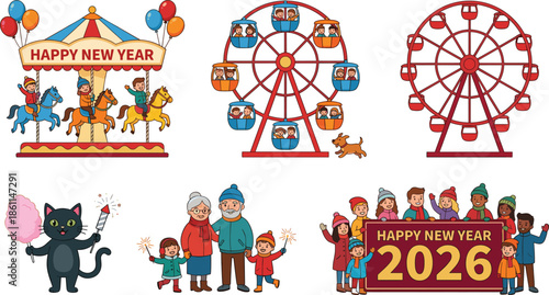 Happy New Year 2026 carnival celebration vector set with ferris wheel carousel family kids fireworks balloons festive New Year 2026 carnival celebration vector set with ferris wheel 
