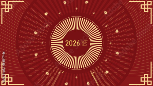 Luxury Flat Chinese New Year 2026 Background with Radial Sunburst Circle, Red Gold Color, Star Ornament and Geometric Frame for Festive Banner