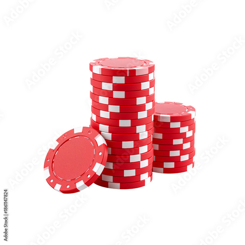 Stacks of Red Poker Chips at a Gaming Table Ready for Play in a Casino Setting During the Evening Hours © olegganko