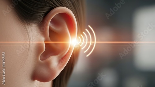 Realistic close-up of a human ear with radiating sound waves, highlighting hearing