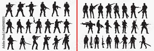 soldier silhouette vector, military action black silhouettes, army combat illustration set, armed soldier outline art, tactical vector collection, military icon set, soldier clipart silhouettes, war g