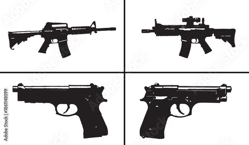 gun silhouette vector, weapon black silhouettes, pistol rifle illustration set, firearm outline art, military weapon vector collection, gun icon set, weapon clipart silhouettes, combat graphic element