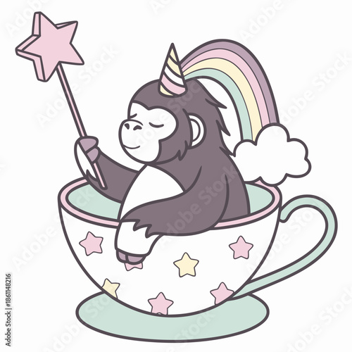 A Sleepy Gorilla with in a teacup in a Unicorn Dreams theme – Unicorn Dreams palette SVG illustration