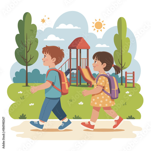 Cute School Kids Walking to School with Backpacks