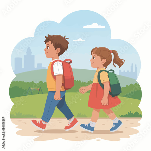 Cute School Kids Walking to School with Backpacks