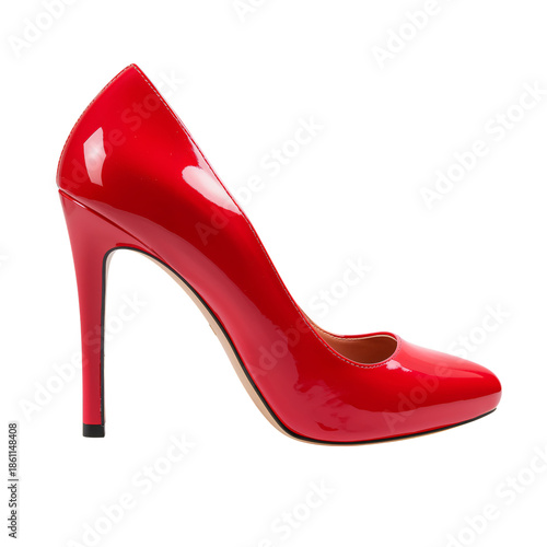 High Heel Shoe in Bright Red Color Displayed Against a Plain Background