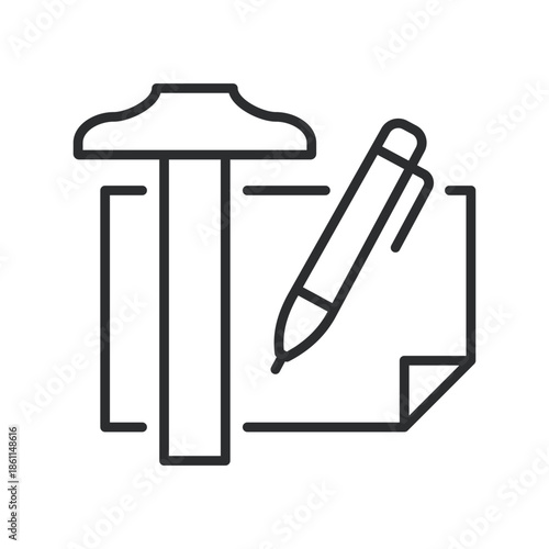 Renovation plan icon illustrating hammer, document and pencil for construction planning, repair tasks and project preparation. Editable stroke vector icon.