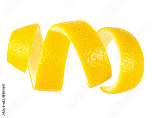 Bright Yellow Lemon Peel Spiral Isolated on White Background