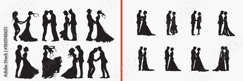 couple silhouette vector, wedding couple black silhouettes, romantic people illustration set, bride groom outline art, love couple vector collection, couple icon set, people clipart silhouettes, roman