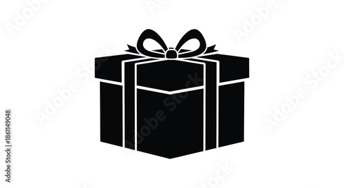 A striking black gift box with a decorative bow presented as a bold silhouette