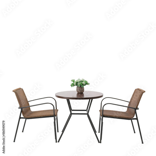 Cozy Outdoor Table and Chairs Set With a Flower Vase in a Simple Arrangement