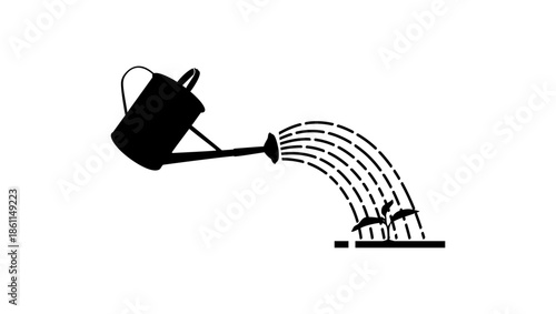a watering bucket waters a plant, black isolated silhouette