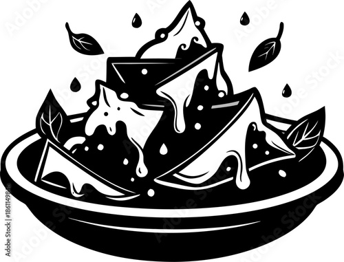 Plate of nachos with melted cheese and jalapeños Silhouette black vector white background