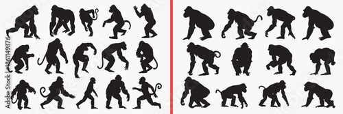 gorilla action silhouette vector, ape movement black silhouettes, animal walking illustration set, wild primate outline art, jungle animal vector collection, gorilla pose icon set, animal clipart silh