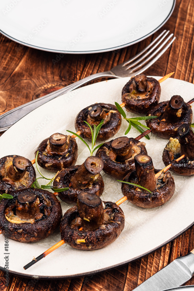 Fototapeta premium Roasted mushroom skewers, vegetable kebab.
