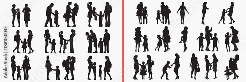 family group silhouette vector, people standing black silhouettes, parents children illustration set, social family outline art, lifestyle people vector collection, family icon set, human clipart silh