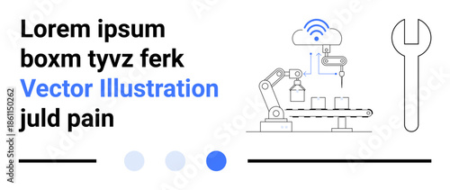 Robotic arm placing items on conveyor belt, connected to cloud network. Tool beside highlights maintenance. Ideal for automation, technology, innovation, industry, IoT, manufacturing simple landing