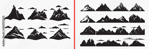 mountain silhouette vector, landscape mountain black silhouettes, alpine mountain illustration set, nature mountain outline art, outdoor vector collection, mountain icon set, travel clipart silhouette