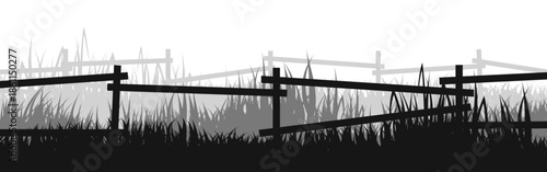 Meadow silhouettes with grass and old wooden fence. Countryside, panoramic summer lawn rural landscape with herbs, weeds. Herbal border, frame element. Black horizontal banners. Vector illustration